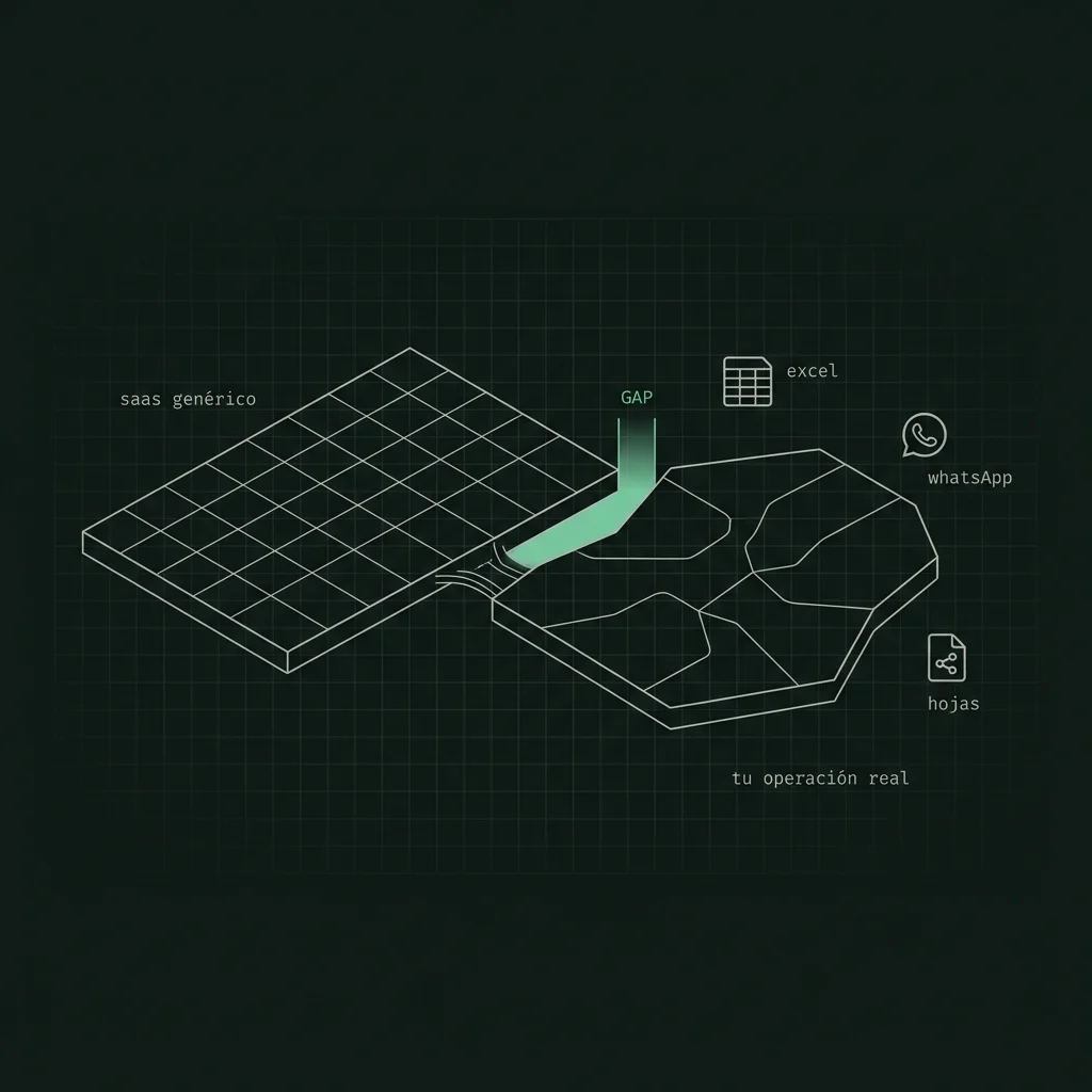 Blueprint isométrico mostrando dos formas que no encajan: una cuadrícula rígida etiquetada como SaaS genérico y una forma orgánica irregular etiquetada como tu operación real, con íconos de Excel, WhatsApp y hojas compartidas flotando alrededor.