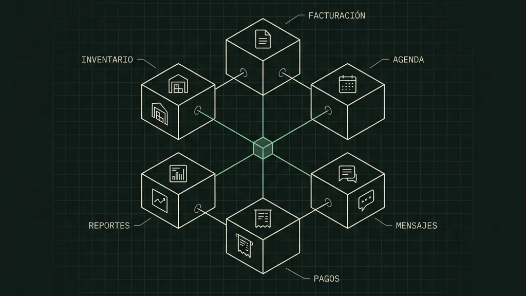 Blueprint isométrico mostrando los flujos operativos de un negocio interconectados — inventario, facturación, agenda, cobranza — como módulos de un sistema único.